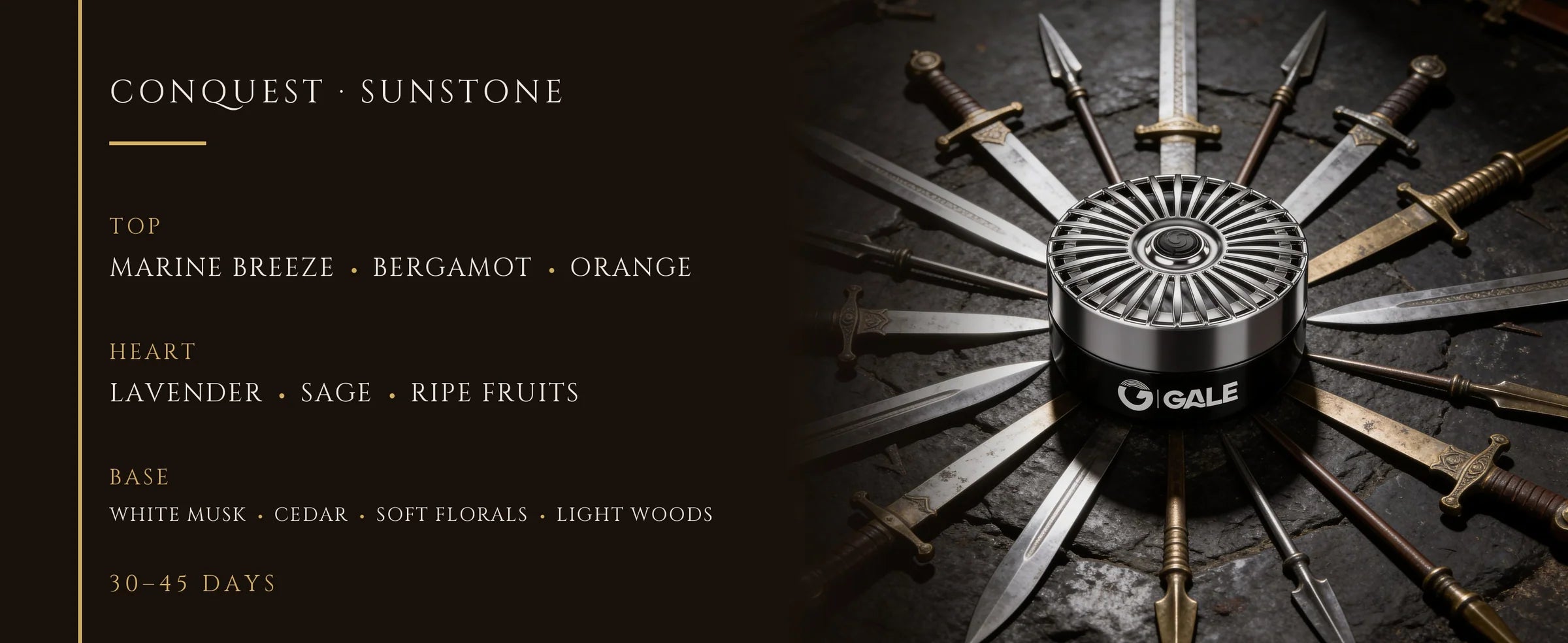 Flowertrail Conquest Sunstone — fragrance notes infographic