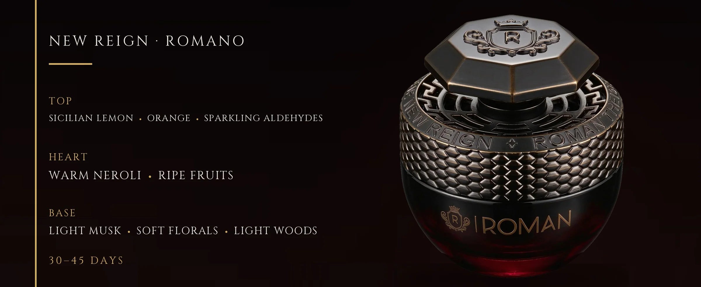 Flowertrail New Reign Romano — fragrance notes infographic